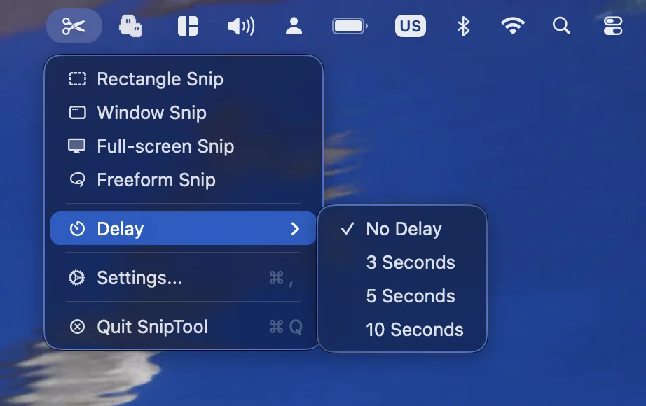 The SnipTool menu bar menu open, showing Rectangle Snip, Window Snip, Full-screen Snip, Freeform Snip, a Delay submenu with No Delay, 3, 5 and 10 Seconds, Settings, and Quit SnipTool.