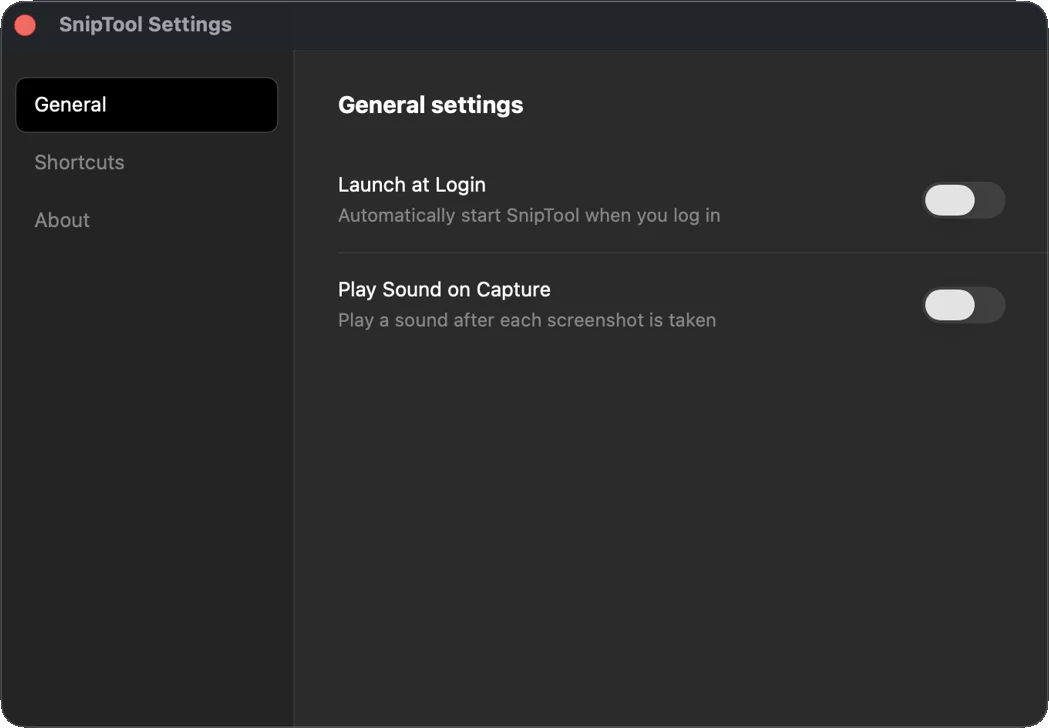 SnipTool Settings, General panel, with Launch at Login and Play Sound on Capture toggles.